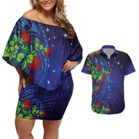 Matariki New Zealand Maori and Pohutukawa Couples Matching Off Shoulder Short Dress and Hawaiian Shirt Galaxy Blue Sky Style
