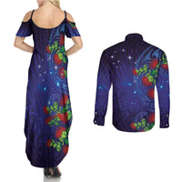 Matariki New Zealand Maori and Pohutukawa Couples Matching Summer Maxi Dress and Long Sleeve Button Shirt Galaxy Blue Sky Style