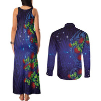 Matariki New Zealand Maori and Pohutukawa Couples Matching Tank Maxi Dress and Long Sleeve Button Shirt Galaxy Blue Sky Style