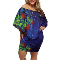 Matariki New Zealand Maori and Pohutukawa Family Matching Off Shoulder Short Dress and Hawaiian Shirt Galaxy Blue Sky Style