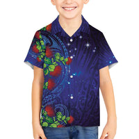 Matariki New Zealand Maori and Pohutukawa Family Matching Off Shoulder Short Dress and Hawaiian Shirt Galaxy Blue Sky Style