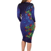 Matariki New Zealand Maori and Pohutukawa Long Sleeve Bodycon Dress Galaxy Blue Sky Style