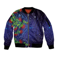 Matariki New Zealand Maori and Pohutukawa Sleeve Zip Bomber Jacket Galaxy Blue Sky Style LT03 Unisex Blue - Polynesian Pride