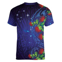 Matariki New Zealand Maori and Pohutukawa Women V-Neck T-Shirt Galaxy Blue Sky Style