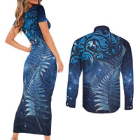 Matariki New Zealand Maori Silver Fern Couples Matching Short Sleeve Bodycon Dress and Long Sleeve Button Shirt Galaxy Blue Sky Style