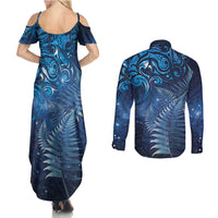 Matariki New Zealand Maori Silver Fern Couples Matching Summer Maxi Dress and Long Sleeve Button Shirt Galaxy Blue Sky Style