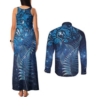 Matariki New Zealand Maori Silver Fern Couples Matching Tank Maxi Dress and Long Sleeve Button Shirt Galaxy Blue Sky Style