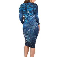 Matariki New Zealand Maori Silver Fern Long Sleeve Bodycon Dress Galaxy Blue Sky Style