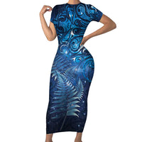 Matariki New Zealand Maori Silver Fern Short Sleeve Bodycon Dress Galaxy Blue Sky Style