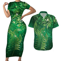 Matariki New Zealand Maori Silver Fern Couples Matching Short Sleeve Bodycon Dress and Hawaiian Shirt Galaxy Green Sky Style