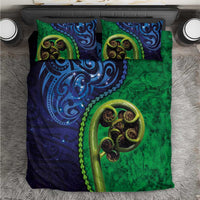 New Zealand Matariki Fern Frond Koru Bedding Set with Galaxy Blue Sky and Green Paua Shell Art