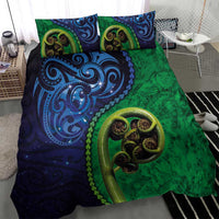 New Zealand Matariki Fern Frond Koru Bedding Set with Galaxy Blue Sky and Green Paua Shell Art