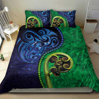 New Zealand Matariki Fern Frond Koru Bedding Set with Galaxy Blue Sky and Green Paua Shell Art