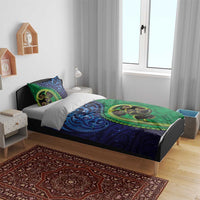 New Zealand Matariki Fern Frond Koru Bedding Set with Galaxy Blue Sky and Green Paua Shell Art