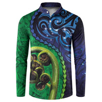 New Zealand Matariki Fern Frond Koru Button Sweatshirt with Galaxy Blue Sky and Green Paua Shell Art
