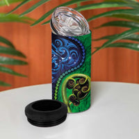 New Zealand Matariki Fern Frond Koru 4 in 1 Can Cooler Tumbler with Galaxy Blue Sky and Green Paua Shell Art