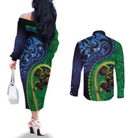 New Zealand Matariki Fern Frond Koru Couples Matching Off The Shoulder Long Sleeve Dress and Long Sleeve Button Shirt with Galaxy Blue Sky and Green Paua Shell Art