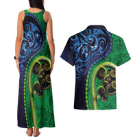 New Zealand Matariki Fern Frond Koru Couples Matching Tank Maxi Dress and Hawaiian Shirt with Galaxy Blue Sky and Green Paua Shell Art
