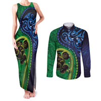 New Zealand Matariki Fern Frond Koru Couples Matching Tank Maxi Dress and Long Sleeve Button Shirt with Galaxy Blue Sky and Green Paua Shell Art