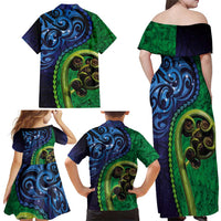 New Zealand Matariki Fern Frond Koru Family Matching Off Shoulder Maxi Dress and Hawaiian Shirt with Galaxy Blue Sky and Green Paua Shell Art