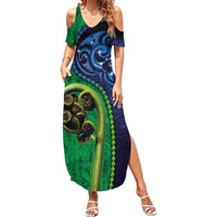 New Zealand Matariki Fern Frond Koru Family Matching Summer Maxi Dress and Hawaiian Shirt with Galaxy Blue Sky and Green Paua Shell Art