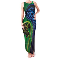 New Zealand Matariki Fern Frond Koru Family Matching Tank Maxi Dress and Hawaiian Shirt with Galaxy Blue Sky and Green Paua Shell Art