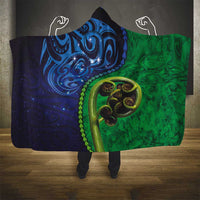 New Zealand Matariki Fern Frond Koru Hooded Blanket with Galaxy Blue Sky and Green Paua Shell Art