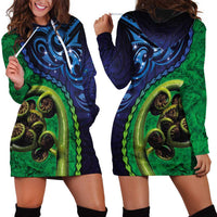 New Zealand Matariki Fern Frond Koru Hoodie Dress with Galaxy Blue Sky and Green Paua Shell Art