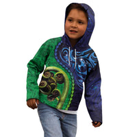 New Zealand Matariki Fern Frond Koru Kid Hoodie with Galaxy Blue Sky and Green Paua Shell Art