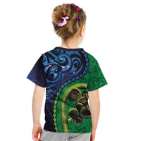 New Zealand Matariki Fern Frond Koru Kid T Shirt with Galaxy Blue Sky and Green Paua Shell Art