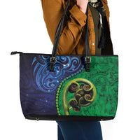 New Zealand Matariki Fern Frond Koru Leather Tote Bag with Galaxy Blue Sky and Green Paua Shell Art