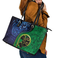 New Zealand Matariki Fern Frond Koru Leather Tote Bag with Galaxy Blue Sky and Green Paua Shell Art