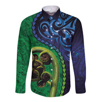 New Zealand Matariki Fern Frond Koru Long Sleeve Button Shirt with Galaxy Blue Sky and Green Paua Shell Art