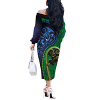 New Zealand Matariki Fern Frond Koru Off The Shoulder Long Sleeve Dress with Galaxy Blue Sky and Green Paua Shell Art