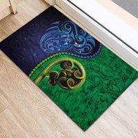 New Zealand Matariki Fern Frond Koru Rubber Doormat with Galaxy Blue Sky and Green Paua Shell Art