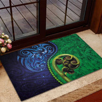 New Zealand Matariki Fern Frond Koru Rubber Doormat with Galaxy Blue Sky and Green Paua Shell Art