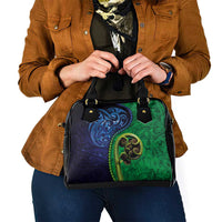 New Zealand Matariki Fern Frond Koru Shoulder Handbag with Galaxy Blue Sky and Green Paua Shell Art