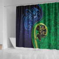 New Zealand Matariki Fern Frond Koru Shower Curtain with Galaxy Blue Sky and Green Paua Shell Art