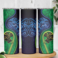 New Zealand Matariki Fern Frond Koru Skinny Tumbler with Galaxy Blue Sky and Green Paua Shell Art