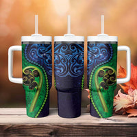 New Zealand Matariki Fern Frond Koru Tumbler With Handle with Galaxy Blue Sky and Green Paua Shell Art