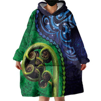 New Zealand Matariki Fern Frond Koru Wearable Blanket Hoodie with Galaxy Blue Sky and Green Paua Shell Art