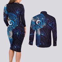 Matariki New Zealand Maori Koru Art Tattoo Couples Matching Long Sleeve Bodycon Dress and Long Sleeve Button Shirt New Year Galaxy Blue Sky Style