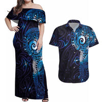 Matariki New Zealand Maori Koru Art Tattoo Couples Matching Off Shoulder Maxi Dress and Hawaiian Shirt New Year Galaxy Blue Sky Style