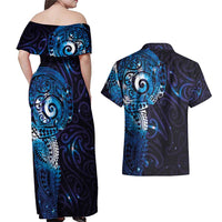 Matariki New Zealand Maori Koru Art Tattoo Couples Matching Off Shoulder Maxi Dress and Hawaiian Shirt New Year Galaxy Blue Sky Style