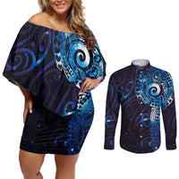 Matariki New Zealand Maori Koru Art Tattoo Couples Matching Off Shoulder Short Dress and Long Sleeve Button Shirt New Year Galaxy Blue Sky Style
