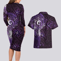 Matariki New Zealand Maori Koru Art Tattoo Couples Matching Long Sleeve Bodycon Dress and Hawaiian Shirt New Year Galaxy Purple Sky Style