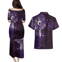 Matariki New Zealand Maori Koru Art Tattoo Couples Matching Puletasi and Hawaiian Shirt New Year Galaxy Purple Sky Style