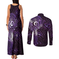 Matariki New Zealand Maori Koru Art Tattoo Couples Matching Tank Maxi Dress and Long Sleeve Button Shirt New Year Galaxy Purple Sky Style