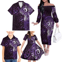 Matariki New Zealand Maori Koru Art Tattoo Family Matching Off The Shoulder Long Sleeve Dress and Hawaiian Shirt New Year Galaxy Purple Sky Style