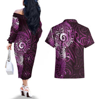 Matariki New Zealand Maori Koru Art Tattoo Couples Matching Off The Shoulder Long Sleeve Dress and Hawaiian Shirt New Year Galaxy Pink Sky Style